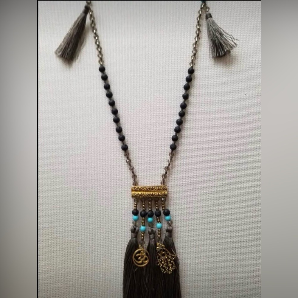 Bohemian Brown Tassel Necklace with Turquoise, Lava Beads Om & Hamsa Charms